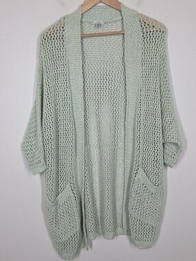 Ecote Green Crochet Knit Long Cardigan Pockets Boho Festival Coastal Small